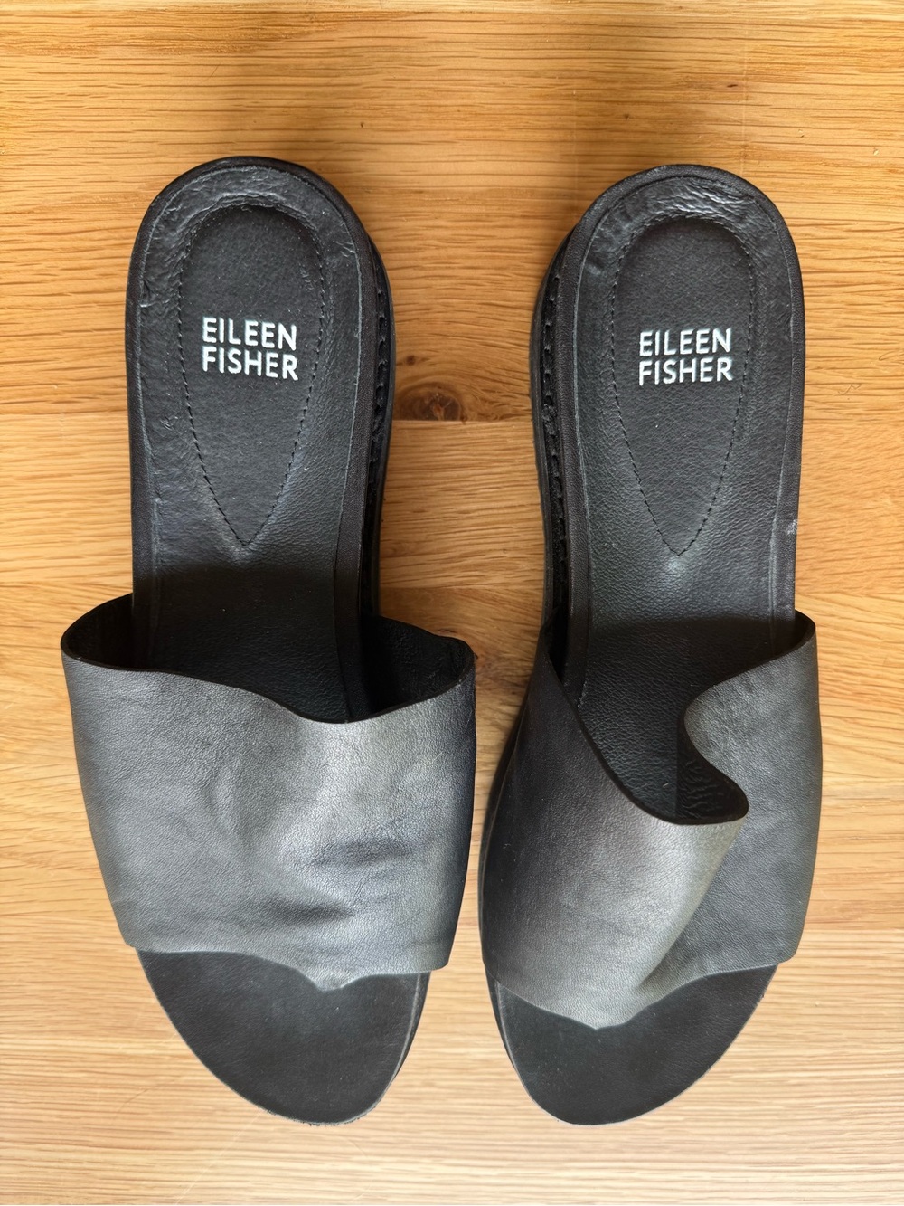 Eileen Fisher Black Leather Platform Slide Sandals